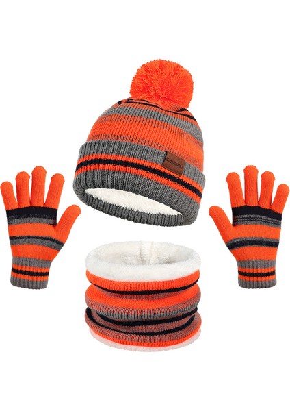 Çocuk Şapkası, Atkı ve Eldiven Üçü Bir Arada Set Sonbahar ve Kış Örme Artı Kadife Sıcak Şapka Üçlü Set (Yurt Dışından)