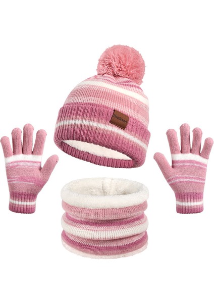 Çocuk Şapkası, Atkı ve Eldiven Üçü Bir Arada Set Sonbahar ve Kış Örme Artı Kadife Sıcak Şapka Üçlü Set (Yurt Dışından)