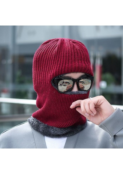 Şapka Erkek Tek Parça Örme Şapka Kazak Artı Kadife Kalınlaşmış Rüzgar Geçirmez ve Soğuk Sıcak Şapka (Yurt Dışından)