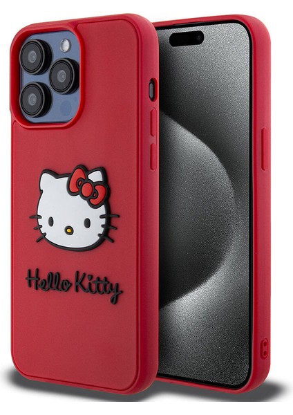 Apple iPhone 15 Pro Max Uyumlu Hello Kitty Lisanslı Ikonik Logolu 3D Rubber Kitty Head Kırmızı