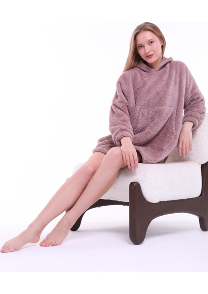 Lunaberry Yılbaşı Kapüşonlu Oversize Peluş Welsoft Traşlı Kumaş Sweat Panço Battaniye Giyilebilir Kışlık Pijama