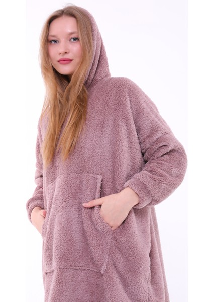 Lunaberry Yılbaşı Kapüşonlu Oversize Peluş Welsoft Traşlı Kumaş Sweat Panço Battaniye Giyilebilir Kışlık Pijama