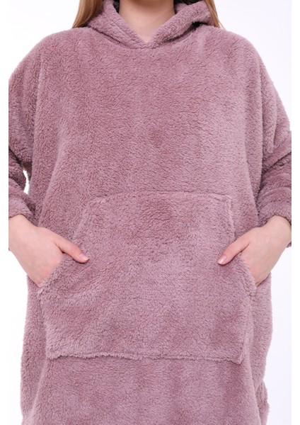 Lunaberry Yılbaşı Kapüşonlu Oversize Peluş Welsoft Traşlı Kumaş Sweat Panço Battaniye Giyilebilir Kışlık Pijama