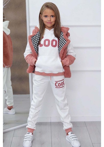 Kız Çocuk Cool Baskılı Kapüşonlu Sweatshirt ve Peluş Yelekli Turuncu Eşofman Takım
