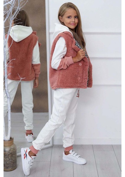 Kız Çocuk Cool Baskılı Kapüşonlu Sweatshirt ve Peluş Yelekli Turuncu Eşofman Takım modelleri