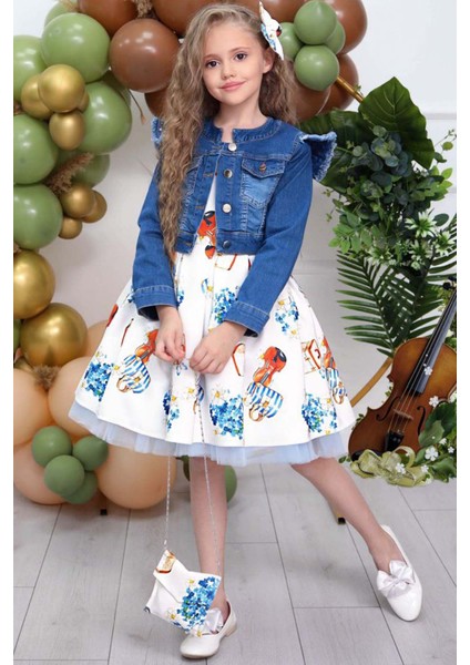 Kız Çocuk Omzu Inci Boncuk Detaylı Denim Ceket ve Desenli Beyaz Elbise