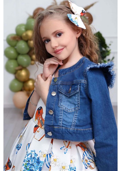 Kız Çocuk Omzu Inci Boncuk Detaylı Denim Ceket ve Desenli Beyaz Elbise fiyatları