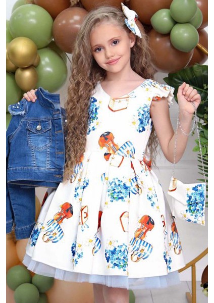 Kız Çocuk Omzu Inci Boncuk Detaylı Denim Ceket ve Desenli Beyaz Elbise modelleri