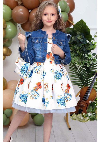Kız Çocuk Omzu Inci Boncuk Detaylı Denim Ceket ve Desenli Beyaz Elbise fırsatları