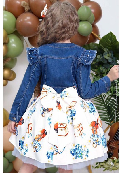 Kız Çocuk Omzu Inci Boncuk Detaylı Denim Ceket ve Desenli Beyaz Elbise indirimleri