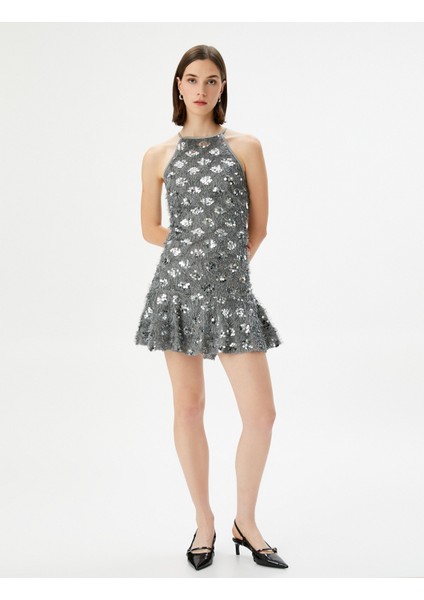 Mini Payetli Elbise Tüy Detaylı Halter Yaka fiyatları