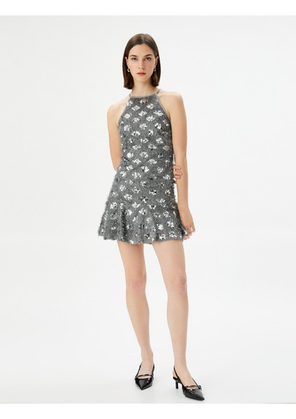 Mini Payetli Elbise Tüy Detaylı Halter Yaka modelleri