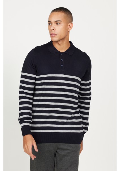 ALTINYILDIZ CLASSICS Erkek Lacivert-Gri Standart Fit Normal Kesim Polo Yaka Çizgili Triko Kazak