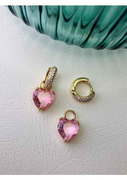 Atelier Deep Pembe Rüya Kalpli Işıltılı Zirkon Taş Gold Çelik Küpe