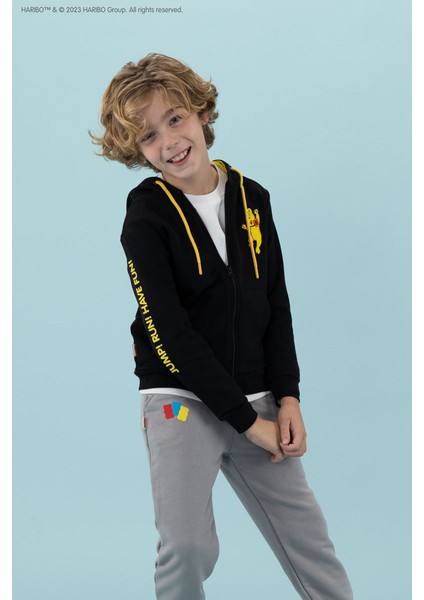Işlemeli Erkek Çocuk Siyah Sweatshırt HRBTXT317 Haribo Hoodie Çocuk Sweat