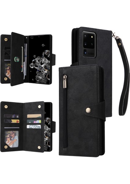 Samsung Galaxy S20 Ultra Mıknatıslı Deri Zip Cüzdan Kart Telefon Kılıfı (Yurt Dışından)
