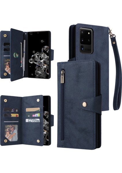 Samsung Galaxy S20 Ultra Mıknatıslı Deri Zip Cüzdan Kart Telefon Kılıfı (Yurt Dışından)