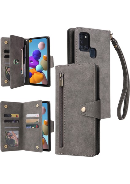 Samsung Galaxy A21S Mıknatıslı Deri Zip Cüzdan Kart Telefon Kılıfı (Yurt Dışından)