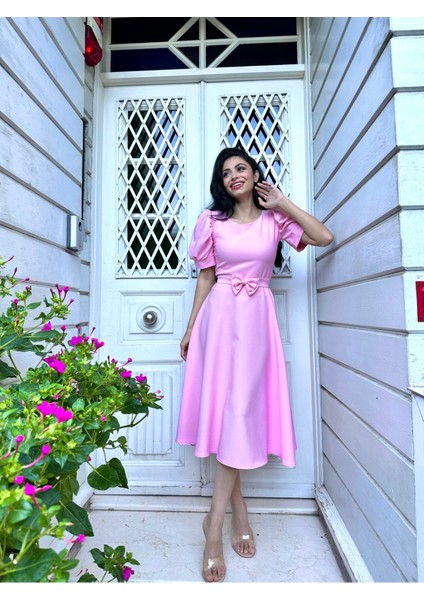 Karpuz Kollu Pudra Rengi Krep Midi Boy Kloş Elbise modelleri