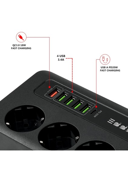 3 LÜ Akıllı Priz Akım Korumalı,5 USB ve 1 Type-C Pd 20W Bağlantılı 2 Metre Kablolu Beyaz