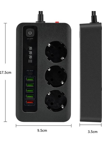 3 LÜ Akıllı Priz Akım Korumalı,5 USB ve 1 Type-C Pd 20W Bağlantılı 2 Metre Kablolu Beyaz