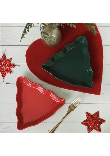 Yılbaşı Yeşil / Kırmızı Çam Kayık Tabak 22 cm 2 Adet 309/506
