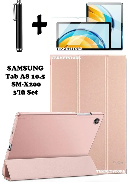 Samsung Galaxy Tab A8 10.5 Inç SM-X200 Uyumlu Uyku Modlu Tablet Kılıfı Ekran Koruyucu Kalem