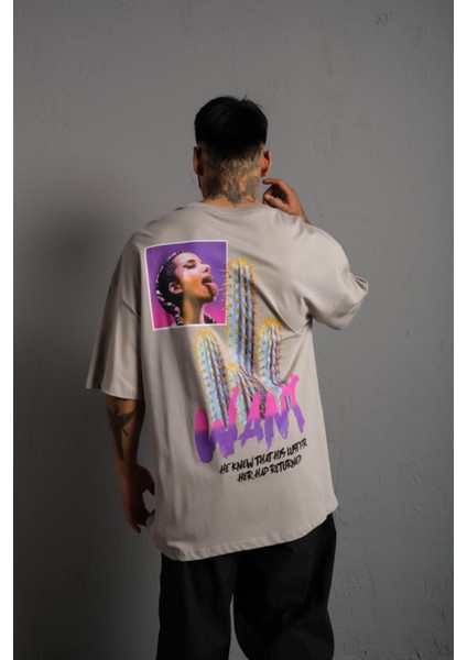 Unisex Dabıl Oversize Ribanalı Bisiklet Yaka Want Dijital Baskılı Penye T-Shirt