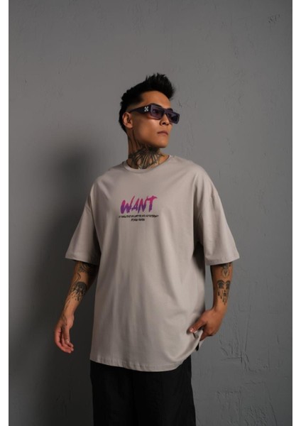 Unisex Dabıl Oversize Ribanalı Bisiklet Yaka Want Dijital Baskılı Penye T-Shirt fiyatları
