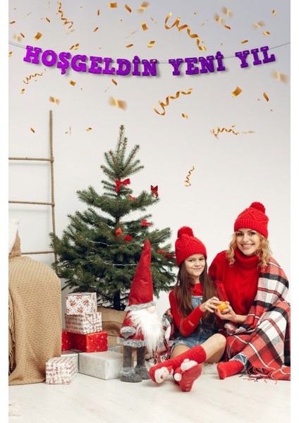 Mor Hoş Geldin Yeni Yıl Yazılı Banner, Özel Gün, Davet Organizasyonu ,yeni Yıl, Yılbaşı Sofrası, Simli Eva Banner