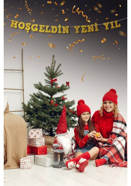 Gold Hoş Geldin Yeni Yıl Yazılı Banner, Özel Gün, Davet Organizasyonu ,yeni Yıl, Yılbaşı Sofrası, Simli Eva Banner
