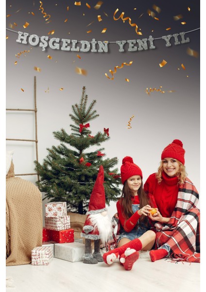 Gri Hoş Geldin Yeni Yıl Yazılı Banner, Özel Gün, Davet Organizasyonu ,yeni Yıl, Yılbaşı Sofrası, Simli Eva Banner