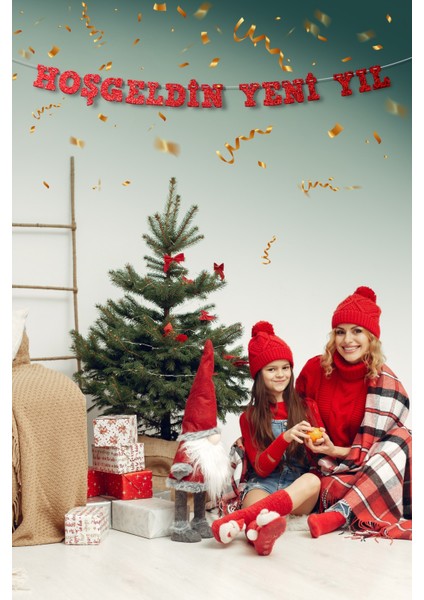 Kırmızı Hoş Geldin Yeni Yıl Yazılı Banner, Özel Gün, Davet Organizasyonu ,yeni Yıl, Yılbaşı Sofrası, Simli Eva Banner