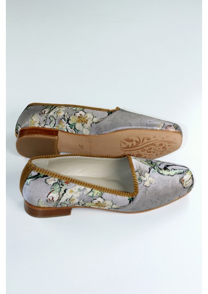 %100 Ipek-Hakiki Deri Kadın Babet | Kösele Taban | Van Gogh Badem Ağacı | Gri