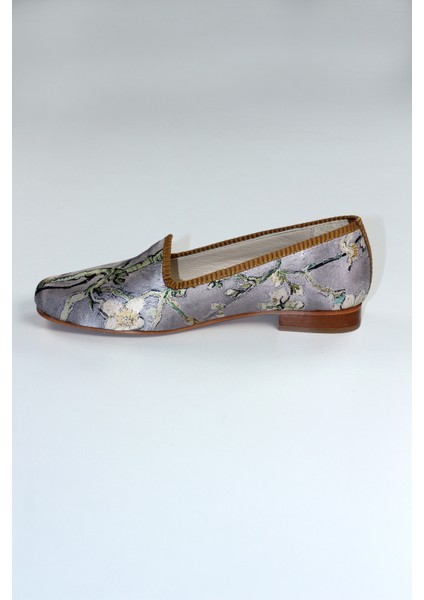 %100 Ipek-Hakiki Deri Kadın Babet | Kösele Taban | Van Gogh Badem Ağacı | Gri modelleri