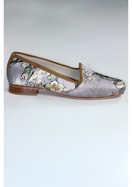 %100 Ipek-Hakiki Deri Kadın Babet | Kösele Taban | Van Gogh Badem Ağacı | Gri fırsatları