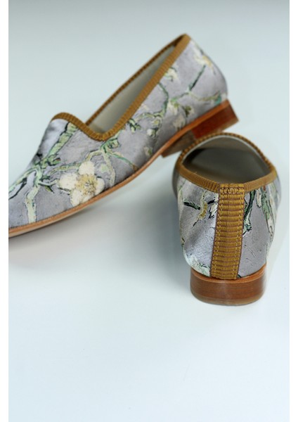 %100 Ipek-Hakiki Deri Kadın Babet | Kösele Taban | Van Gogh Badem Ağacı | Gri indirimleri