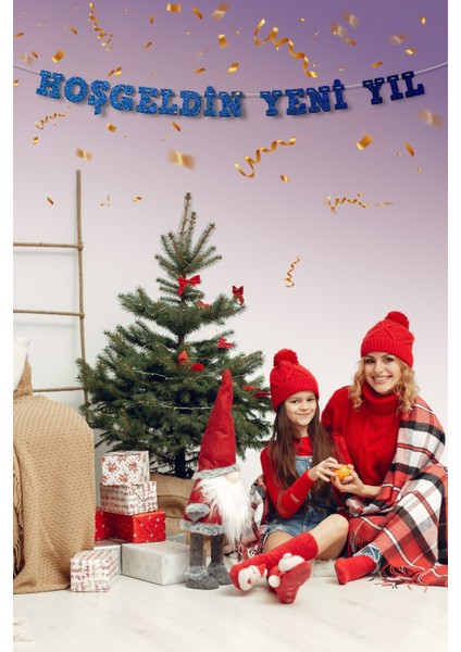 Lacivert Hoş Geldin Yeni Yıl Yazılı Banner, Özel Gün, Davet Organizasyonu ,yeni Yıl, Yılbaşı Sofrası, Simli Eva Banner