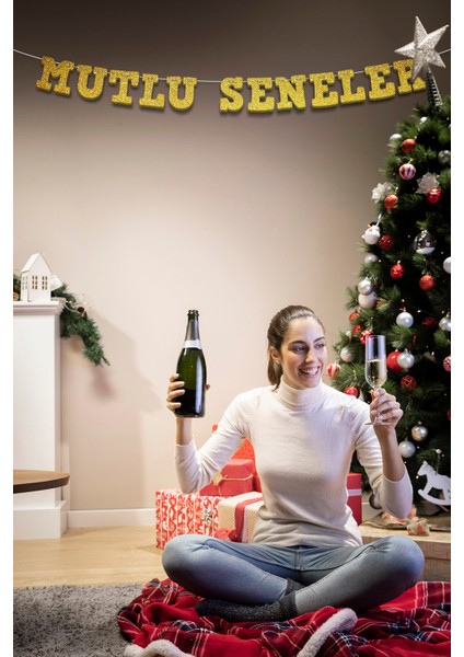 Gold Mutlu Seneler Yazılı Banner, Özel Gün, Davet Organizasyonu ,yeni Yıl, Yılbaşı Sofrası, Simli Eva Banner