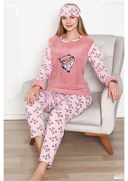 Kadın Pembe Desenli Welsoft Desenli Kışlık Polar Pijama Takım 1C-2181