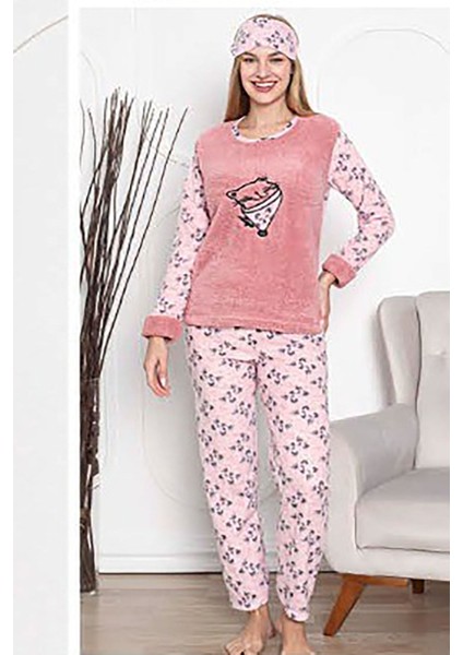 Kadın Pembe Desenli Welsoft Desenli Kışlık Polar Pijama Takım 1C-2181