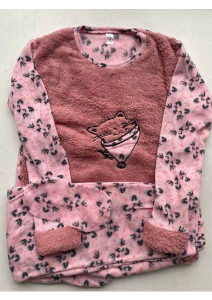 Kadın Pembe Desenli Welsoft Desenli Kışlık Polar Pijama Takım 1C-2181