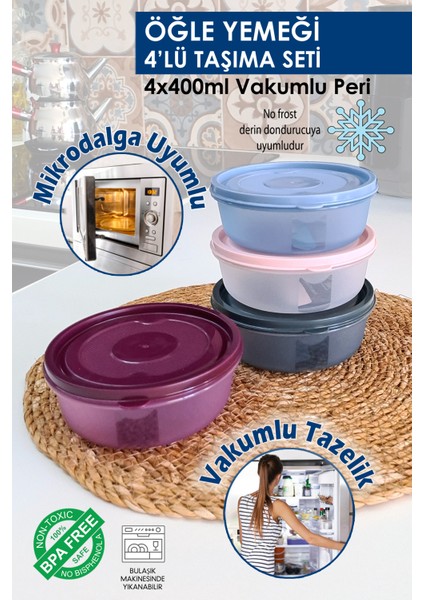 4'lü Öğle Yemeği Taşıma Kabı Seti Mikrodalga Uyumlu Vakumlu Yeni Nesil Sefer Tası Lunchbox Mikrodalgaya Giren Girebilen Lunch Box Yemek Beslenme Çantası