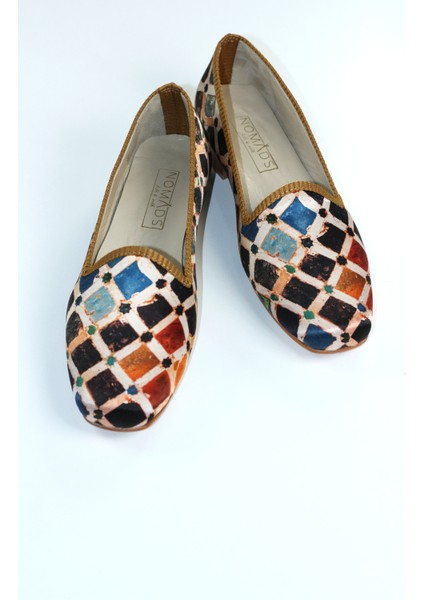 %100 Ipek-Hakiki Deri Kadın Babet | Kösele Taban | Elhamra Desen