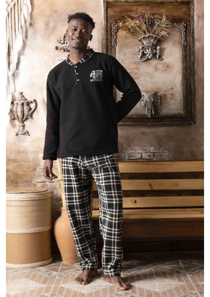 Erkek Yakası Düğmeli Kışlık Polar Pijama Takımı A100/28 - 1 Adet