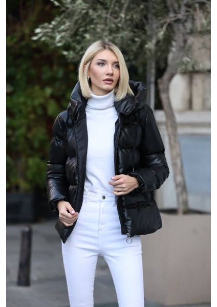 Kadın Siyah Deri Şişme Mont modelleri