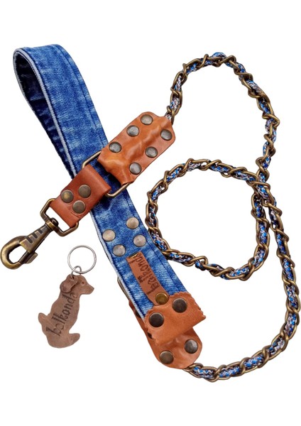 Köpek gezdirme tasması antik metal zincirli mavi kot saplı taba deri kaplama kalınlık:1,5cm uzunluk:130cm dog leash B5-10