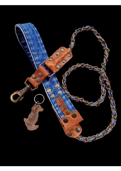 Köpek gezdirme tasması antik metal zincirli mavi kot saplı taba deri kaplama kalınlık:1,5cm uzunluk:130cm dog leash B5-10