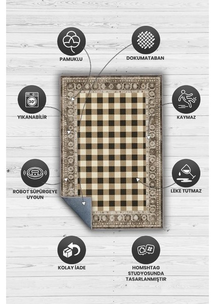 Ekose Desenli Halı Krem Kahve Renkli Halı Vintage Bordürlü Halı Hasır Görünümlü Damalı Halı fırsatları