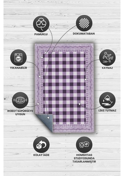 Ekose Desenli Mor Renkli Halı Vintage Bordürlü Halı Hasır Görünümlü Damalı Halı fırsatları